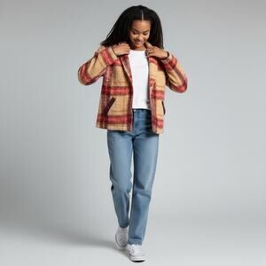 Knox‎ Rose Plaid Teddy Short Jacket Coat Maroon Tan M Button Front Grandpacore